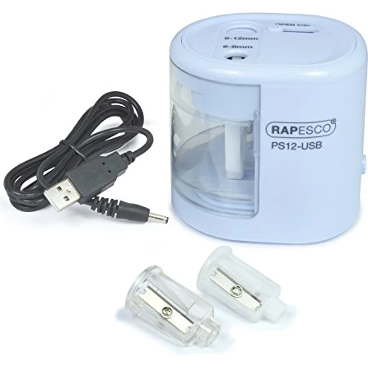 RAPESCO PS12-USB, elektrischer Anspitzer mit Doppel-Loch Design für 6-12 mm Stifte, hellblau, USB/Batterie-Antrieb – Bild 1