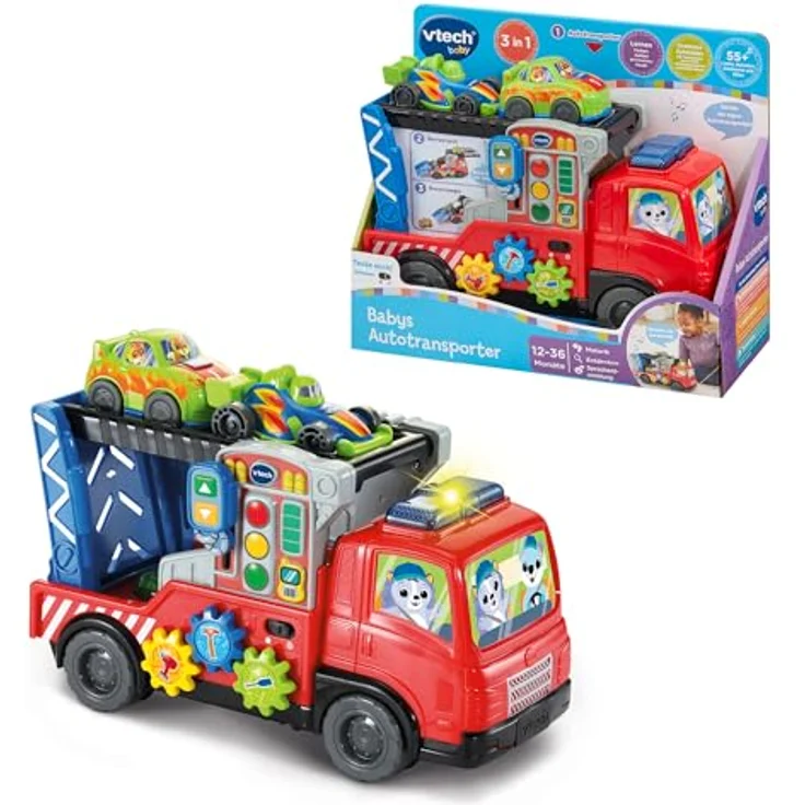 Vtech Babys Autotransporter, Musikspielzeug mit 2 Spielmodi, 3 bunten Tasten, aufleuchtenden Lichtern und 4 gesungenen Liedern – Bild 1