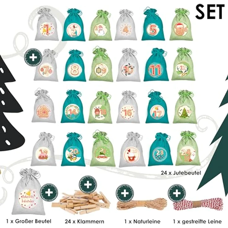 KESSER® Adventskalender zum Befüllen 24 Jutebeutel 20 x 12 cm Gedruckte Stoffbeutel Kinder Weihnachtskalender zum Selber Befüllen Inkl.. 24x Schildchen + 1 Großer Aufbewahrungsbeutel Stoff - Preisvergleich – Bild 2