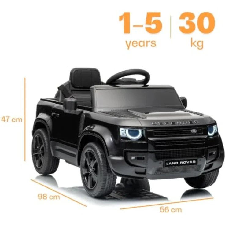 Vrooomy Land Rover Defender 90 Elektro-Kinderfahrzeug 12V mit Fernbedienung, EVA-Rädern, 3-Punkt-Gurt, funktionierenden Türen und MP3-Player – Schwarz – Bild 2