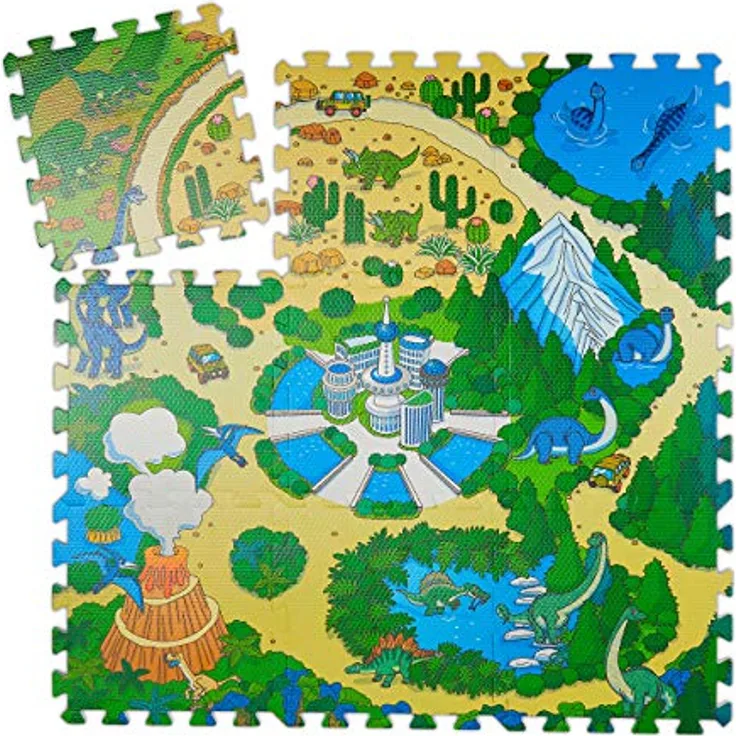 Relaxdays Puzzlematte Dinosaurier, 9-teilige Puzzlematte für Kinder, EVA Schaumstoff, 90 x 90 cm, bunt