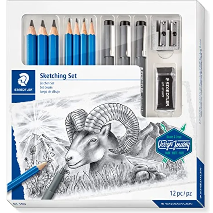 STAEDTLER Zeichen Set, Komplett-Set mit 4 Premium Bleistiften, 3 Premium Jumbo-Bleistiften, 3 schwarzen Finelinern, 1 Radierer, 1 Doppel-Spitzer und Step-by-Step Anleitungen, 61 100