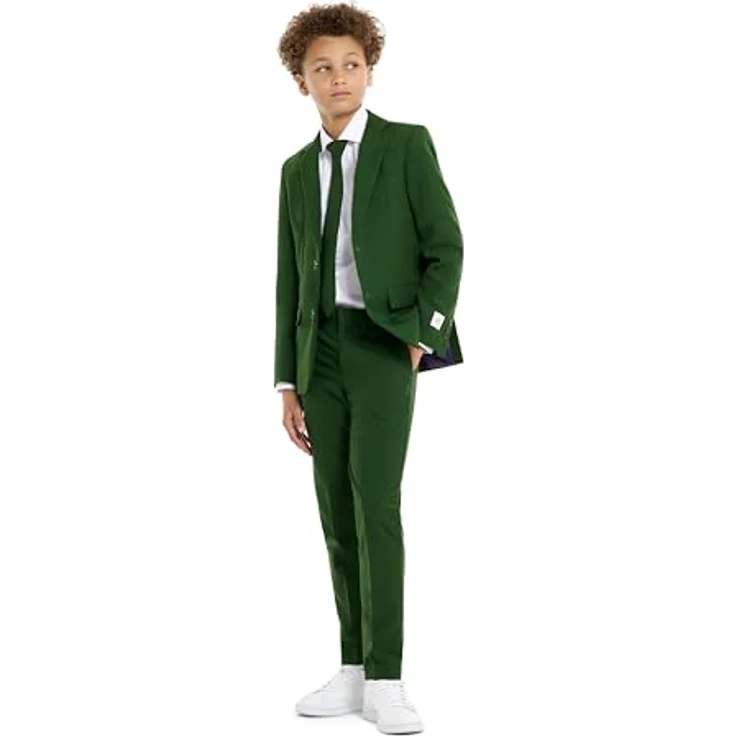 OppoSuits Teen Glorious Green Anzug, Slim-Fit Kostüm mit Ein-Knopf-Sakko und Krawatte, moosgrün, Größe 170 – Bild 1