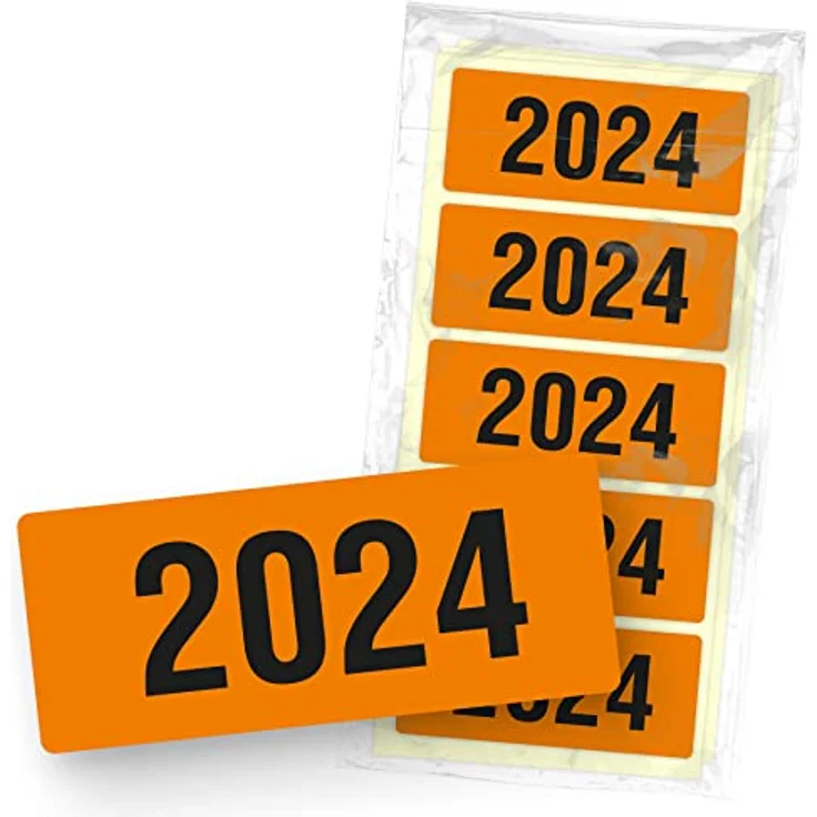 itenga 50x Jahresetiketten Ordner Inhaltsschild Jahreszahl I Aufkleber für Akten selbstklebend aus Haftpapier Rechteckig 6x2,5cm (Kalenderjahr 2024, orange) - itenga Ordneraufkleber für die perfekte Büroorganisation – Bild 1