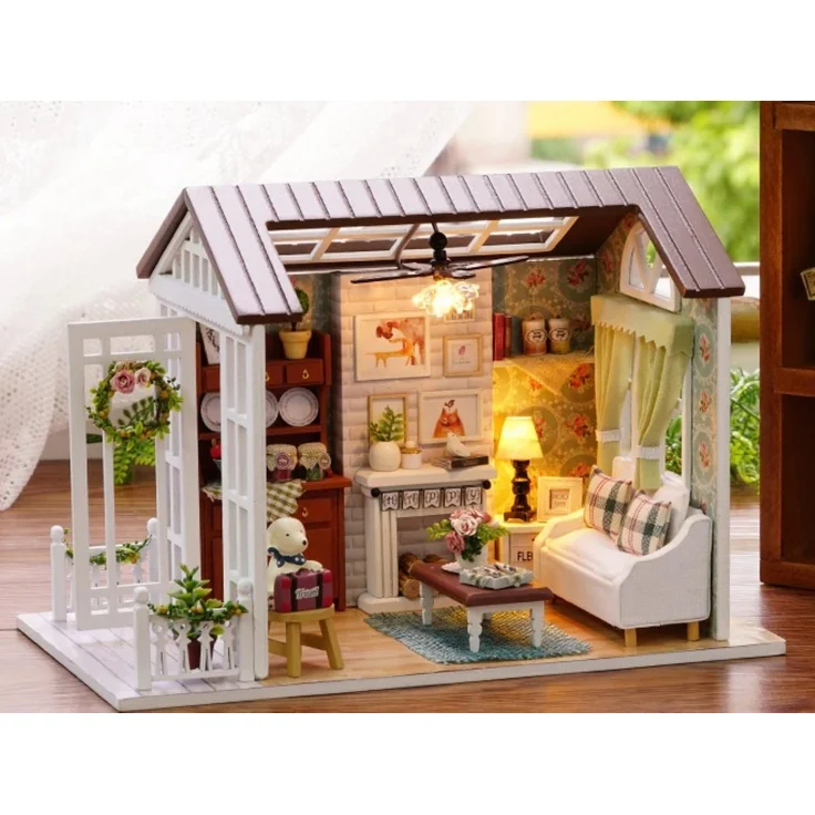 LA CUTE Holzpuppenhaus Kinderzimmer Set, DIY Puppenhaus mit Möbeln und LED-Beleuchtung, für kreatives Spielen ab 8 Jahren