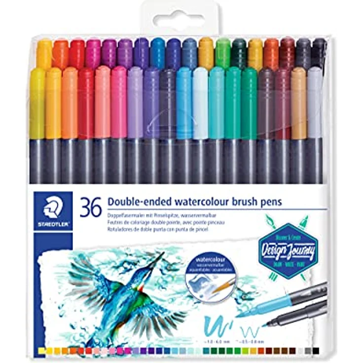 STAEDTLER Doppelfasermaler wasservermalbar, für Aquarell-Effekte, zwei Linienbreiten, feine Spitze und breite Pinselspitze, Klarfaltetui mit 36 brillanten Farben, 3001 TB36 – Bild 1