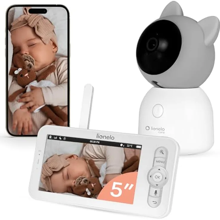 Lionelo Babyline 9.2 AI, Babyphone mit 2K Kamera & 5″ Monitor, Dual-Band-WLAN, KI-Erkennung von Weinen, Bewegungstracking, Temperatur- & Feuchtigkeitssensor, Nachtsicht, App-Steuerung