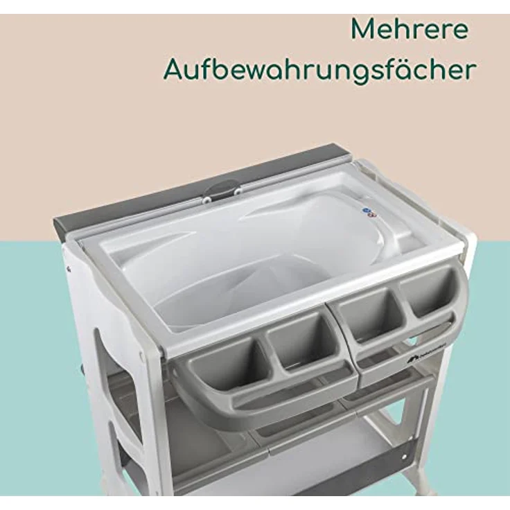 bebeconfort Dolphy 2-in-1 Badewanne & Wickeltisch mit Staufächer, Handtuchhalter und integrierten Rädern - Gray Mist – Bild 5