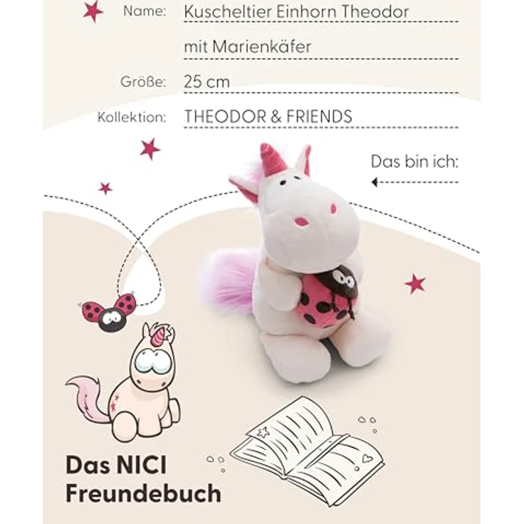 Nici Kuscheltier Theodor & Friends, Einhorn Theodor mit Marienkäfer, 25 cm – Bild 5