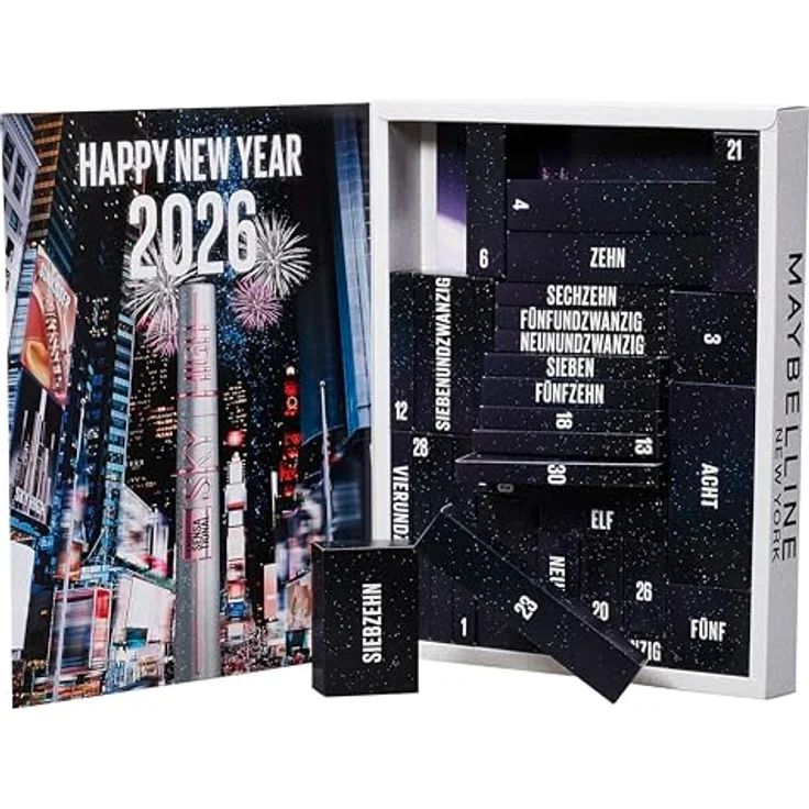 Maybelline New York Adventskalender 2025, 31 Türchen mit 26 Originalprodukten & 5 Goodies, inkl. 2 Sky High Mascara & 4 Garnier Skincare Produkten – Bild 3