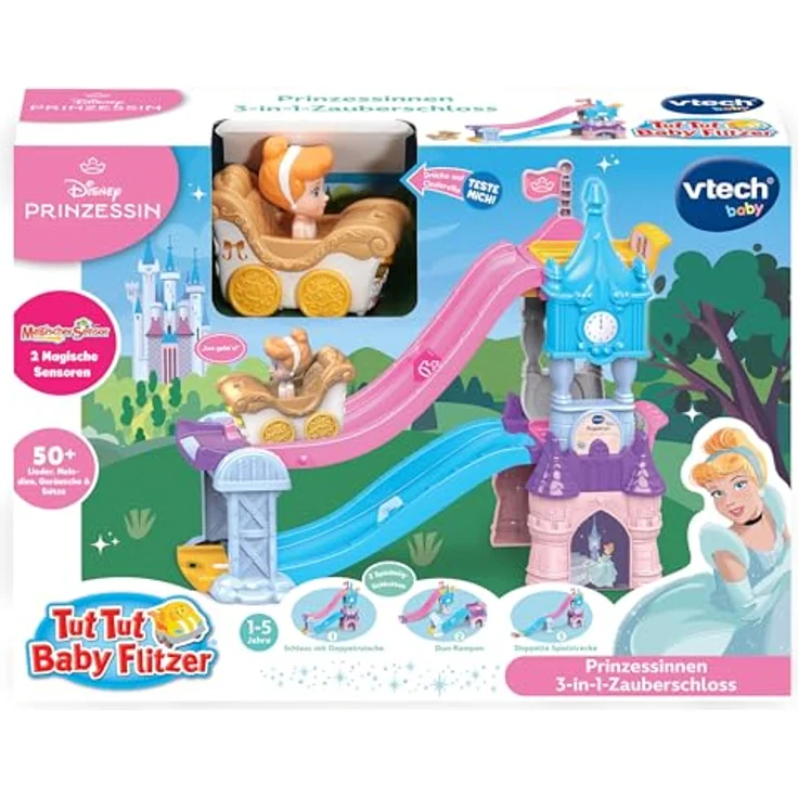VTech Tut Tut Baby Flitzer – Prinzessinnen 3-in-1-Zauberschloss mit Doppelrutsche und Cinderellas Hochzeitskutsche, interaktiv und erweiterbar – Bild 7