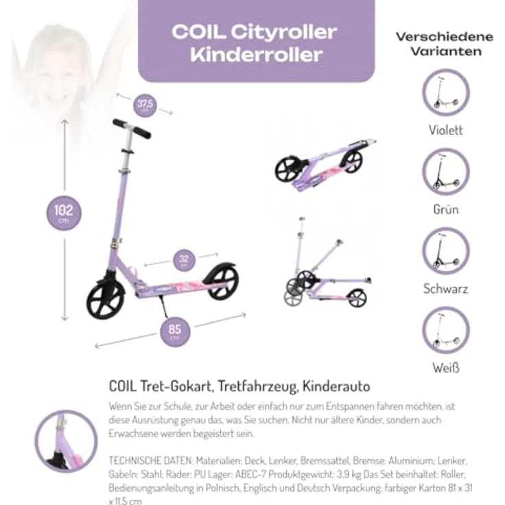COIL Cityroller Kinderoller, Faltbarer Scooter, Höhenverstellbar bis 15 km/h, ABEC-7-Lager, 20 cm Räder, Fußbremse – Bild 2
