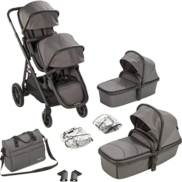 BabyGo Zwillings-Kombikinderwagen Duo, grau, inkl. Wickeltasche u. 2 Regenhauben – Bild 2