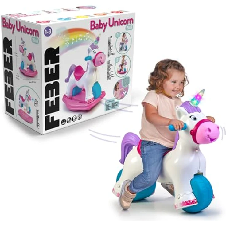 FEBER Baby Einhorn Lauflernhilfe, 2-in-1 Wippe mit Wieh- und Trompeten-Sound, fördert psychomotorische Fähigkeiten, für Kinder ab 3 Jahren, bunt (FED35000) – Bild 1