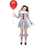 Metamorph Es Kapitel 2 – Pennywise Kostüm für Frauen (S), hellgraues Kleid mit zweilagigem Rock und klassischer Halskrause, inkl. dekorativen Bommeln mit Clips