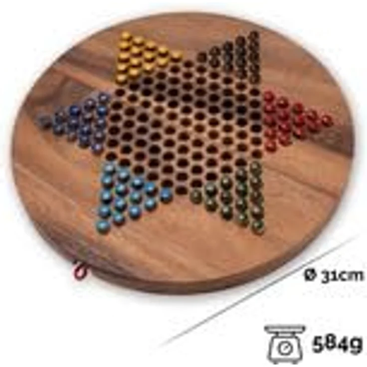 Logoplay Halma Gr. XL - Gesellschaftsspiel für 2-6 Spieler, handgefertigtes Holzbrett Ø 31 cm, inklusive 6x15 Spielstecker und Stoffbeutel aus 100% Baumwolle – Bild 5