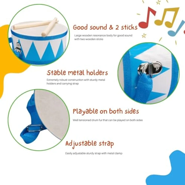 GICO Kindertrommel blau-weiß, Musikinstrument aus Holz, D: 20 cm mit Trageriemen und 2 Sticks – Bild 2