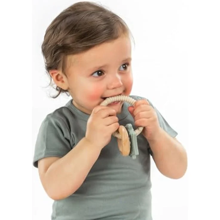 Reer BiteDuo - Silikon-Holz-Beißring für Babys - Baby Zahnungshilfe - Motorikspielzeug, beige-grün – Bild 3
