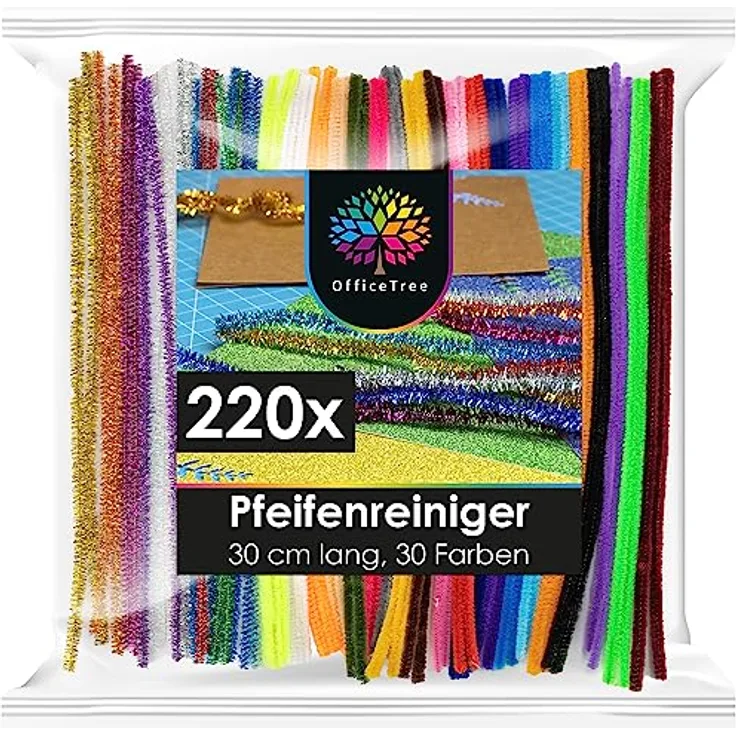 OfficeTree 220 Bunte Pfeifenputzer, Chenilledraht 30cm mit 30 Farben inklusive Glitzerdraht für DIY Bastelprojekte