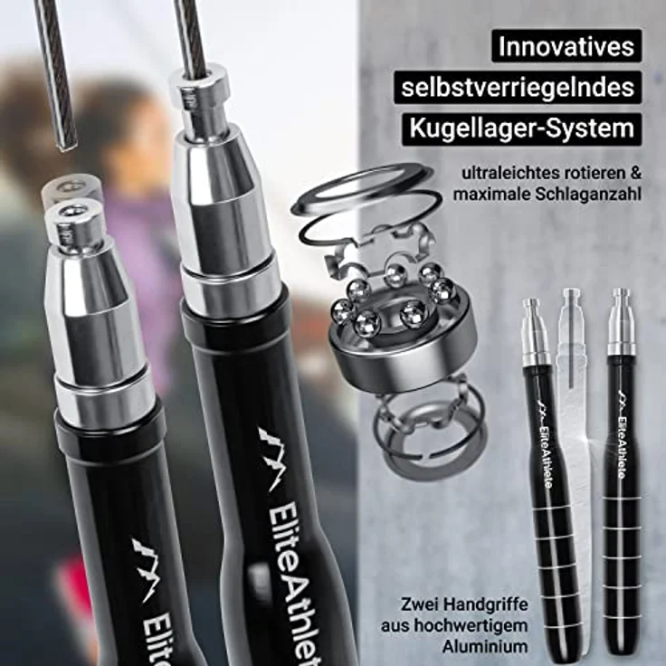 EliteAthlete Springseil Erwachsene - Speed Rope mit Ersatzseil - Profi Kugellager - Fitness Crossfit Boxen - Sprungseil inkl. Seilschoner + Tasche, Aluminium-Griffe – Bild 3