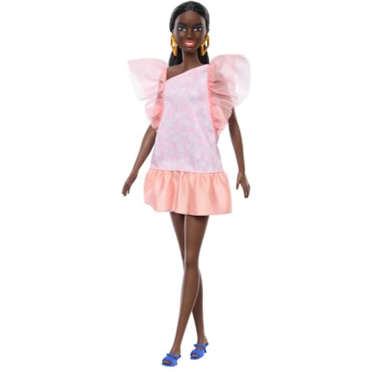 Barbie Fashionistas-Puppe Peach Puffy, Babypuppe mit apricotfarbenem Kleid und rautenförmigen Ohrringen – Bild 1
