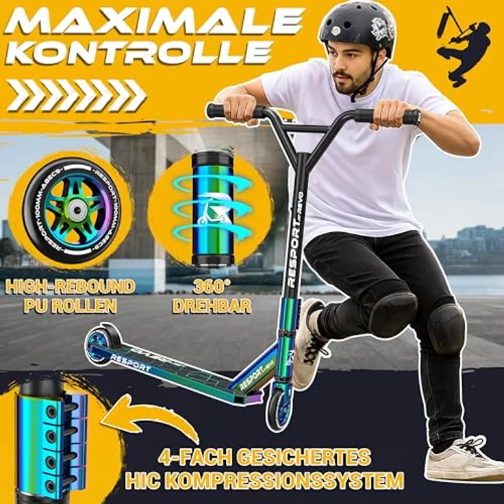 RE:SPORT REVO Stunt Scooter, Profi Stuntroller mit 100mm PU-Rollen, ABEC 9 Kugellager, für Kinder & Erwachsene, mit Ständer, Y-Bar, rutschfestem Pro-Deck, ergonomischen Griffen – Bild 2