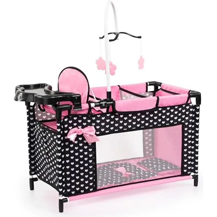 Bayer Design 62660AA Puppenbett mit Schrank, Sitz, Mobile, Ablage, Bettdecke, Kissen, schwarz, rosa, Klein, Multi-Puppenbett mit vielfältigen Spielmöglichkeiten