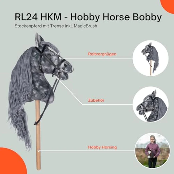 RL24 Hobby Horse Clara, Steckenpferd aus Plüsch mit Trense, 40 cm Holzstock, ohne Griffe & Rollen, grau, inkl. MagicBrush – Bild 3