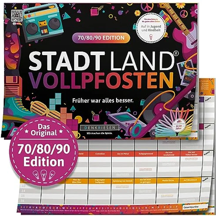 DENKRIESEN - Stadt Land VOLLPFOSTEN® - 70/80/90 Edition - Früher war Alles Besser. | Spielblock | Geburtstagsgeschenk | Familienspiel | Stadt Land Fluss | DIN A4 – Bild 1