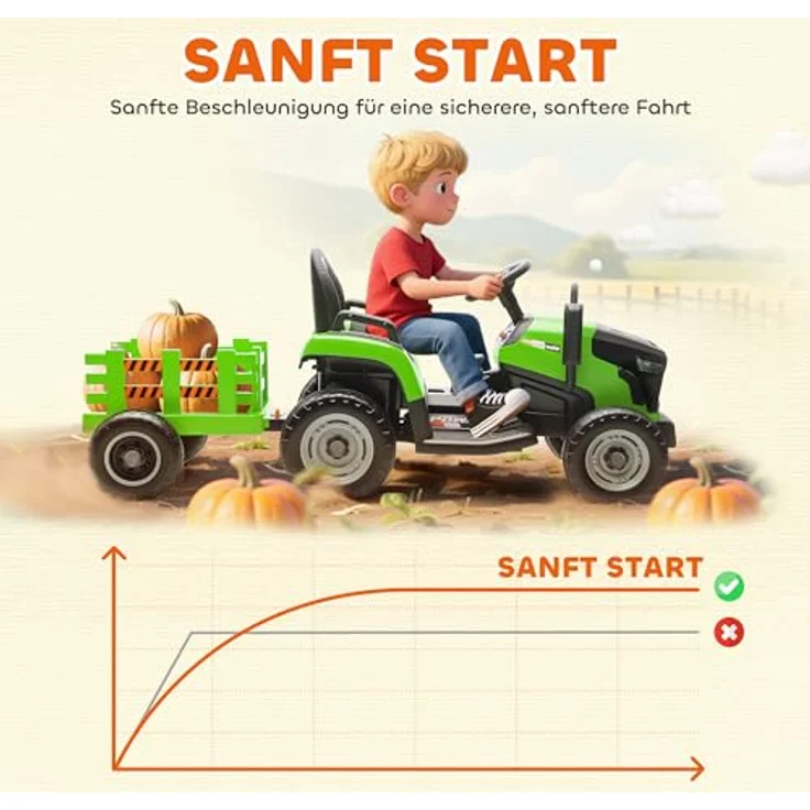 AIYAPLAY Elektrischer Kindertraktor mit Anhänger, Aufsitztraktor mit Fernbedienung, 2 Motoren, 3-Gang, für 3-8 Jahre, Grün – Bild 6