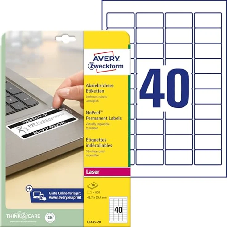 Avery Zweckform L6145-20 Abziehsichere Etiketten, 45,7 x 25,4 mm, 800 Stück, weiß, reiß- und wasserfest, temperaturbeständig – Bild 1