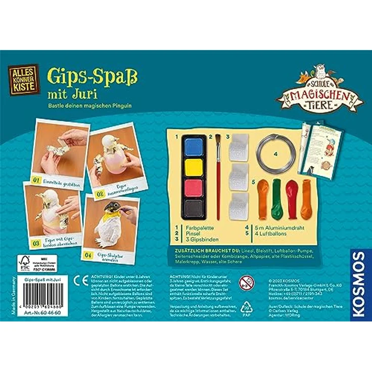 Kosmos 604660 AllesKönnerKiste Gips-Spaß mit Juri, DIY-Bastelset ab 8 Jahre, inklusive Luftballons, Draht, Farben und Pinsel, farbige Schritt-für-Schritt-Anleitung, Beschäftigung, Deko – Bild 2