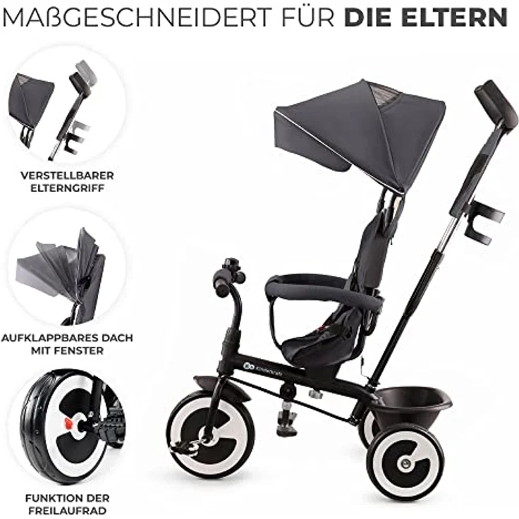 Kinderkraft ASTON Dreirad mit schubstange, drehbarem Sitz und ausklappbarem Verdeck, Grau – Bild 4