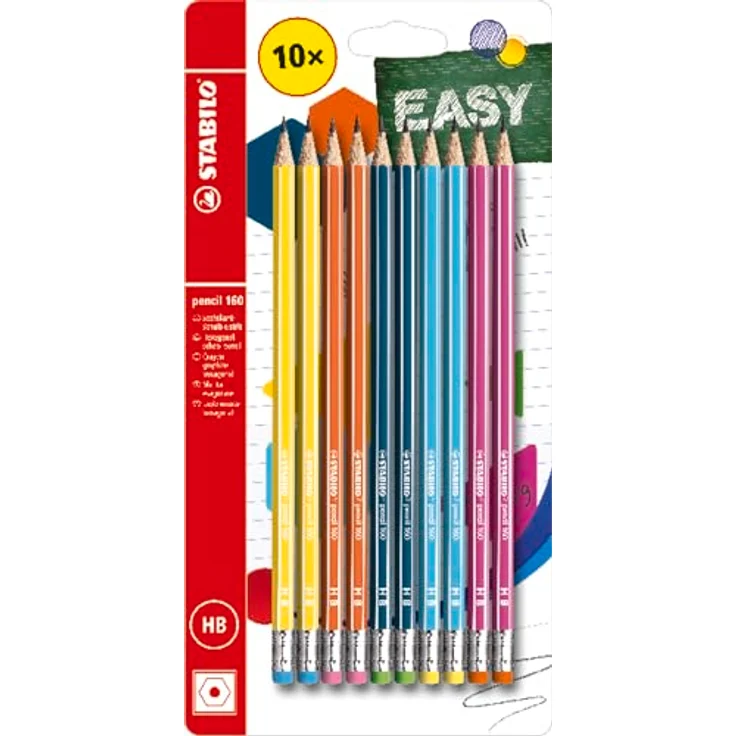 STABILO pencil 160, Bleistift mit Radierer, 10er Pack in gelb, orange, blau, petrol, pink, Härtegrad HB – Bild 1