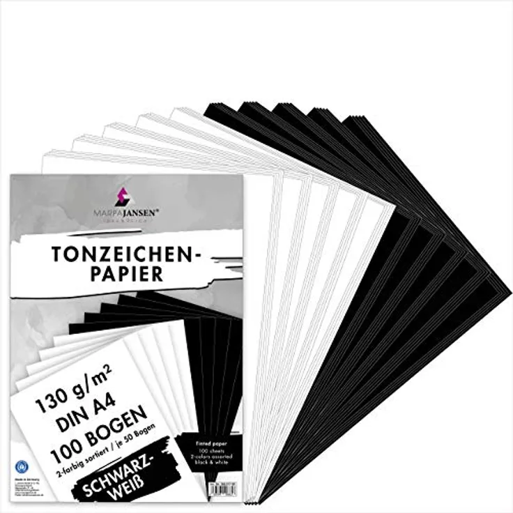 MarpaJansen Tonzeichenpapier Schwarz/Weiß, DIN A4, 100 Bogen, je 50 Bogen in schwarz & weiß 130 g/m², Blauer Engel zertifiziert