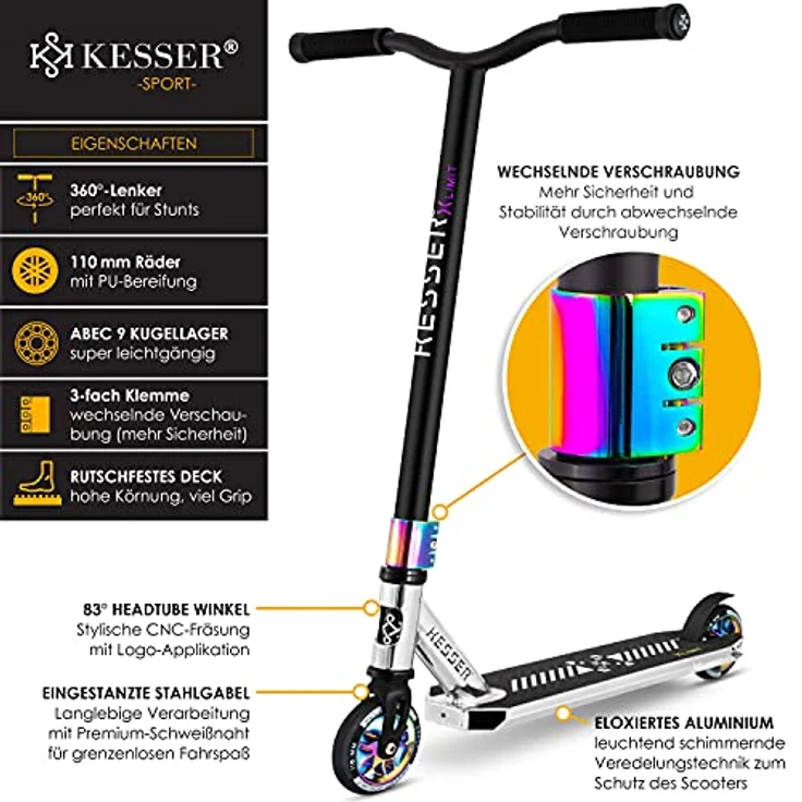 KESSER® Stunt Scooter X-Limit-Pro 360° Lenkung Funscooter Stuntscooter mit Ständer ABEC 9 Kugellagern, 110 mm PU Räder , Kickscooter Tretroller Cityroller Trick Roller für Kinder Erwachsene Chrome / Silber – Bild 4