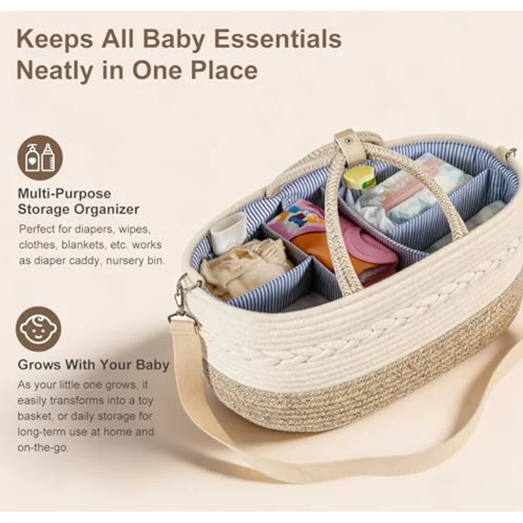 YeaYee Baby Windel Caddy Organizer, Multifunktionale Aufbewahrungsbox mit 5 wechselbaren Fächern, 100% Baumwoll-Leinen, tragbarer Aufbewahrungskorb für Windeln, geschlechtsneutrales Design – Bild 5