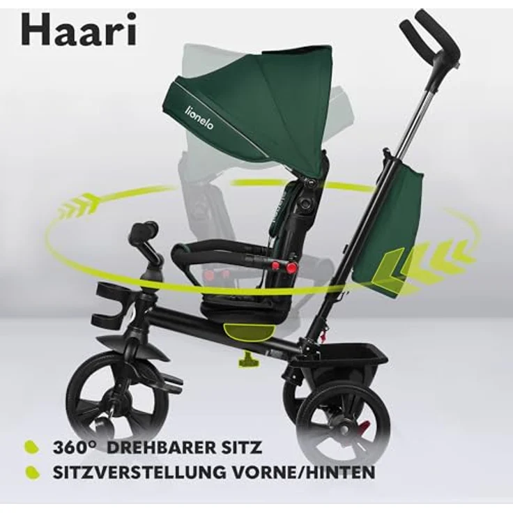 Lionelo Haari 2in1 Dreirad mit Schubstange, schlauchlose Gummireifen, Freilauf, Korb, Tasche, Getränkehalter, grau – Bild 4