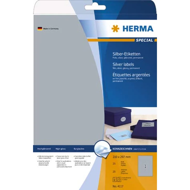 HERMA Folienetiketten 4117, 25 silberne selbstklebende Etiketten, 210 x 297 mm, wasserabweisend und reißfest – Bild 1