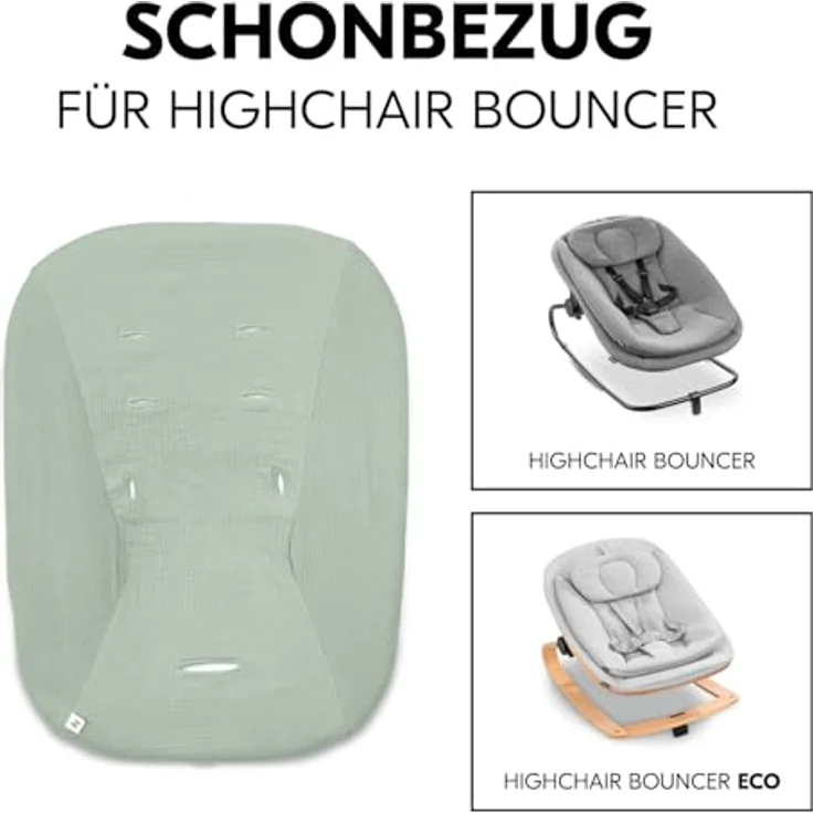 hauck Schonbezug für Babywippe Highchair Bouncer (Eco), Baumwolle mit Gummizug und Gurtschlitze für 5-Punkt-Gurt, waschbar bei 60°, sage – Bild 3