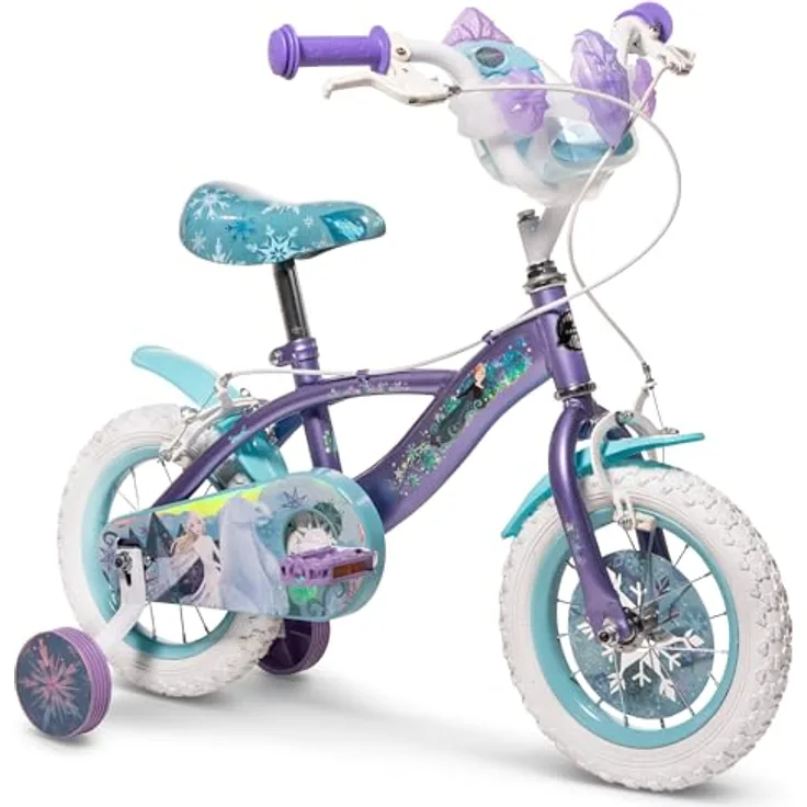 Huffy Disney Frozen Kinderfahrrad, 12 Zoll/30 cm, Metallic-Lila, mit Stützrädern und Puppenträger