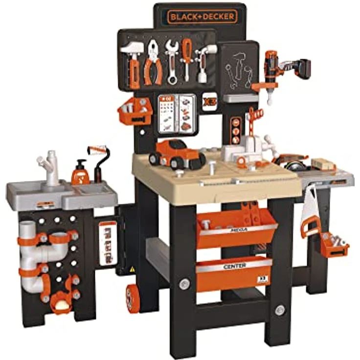 Smoby Toys - Black+Decker Mega Werkbank Center (100 Teile) - Spielzeug-Werkstatt für Kinder ab 3 Jahren mit Werkzeug, Nagelbrett, Autobausatz & mechanischem Akkuschrauber – Bild 2