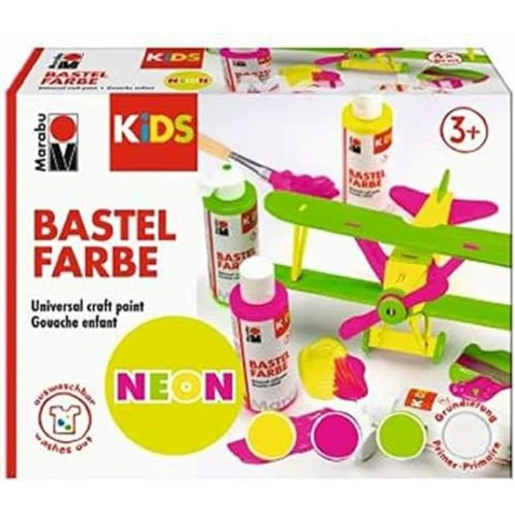 Marabu KiDS Bastelfarbe NEON, 4er-Set mit 3 x fluoreszierenden Tagesleuchtfarben (Neon-Gelb, Neon-Pink, Neon-Grün) und 1 x Weiß, UV-leuchtend, auswaschbar ab 30°C, parabenfrei, vegan – Bild 1