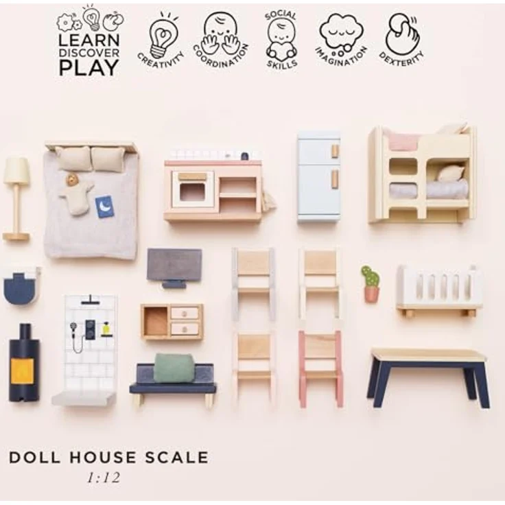 Le Toy Van Wooden Dolls House Full Starter Furniture & Accessories Play Set, 37-teiliges Holzspielset für Puppenhäuser, altersgerecht ab 3 Jahren – Bild 3