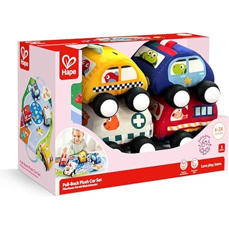 Hape Pull-Back Plush Car Set, weiche Spielzeugautos mit Rückziehmotor, bunt – Bild 7