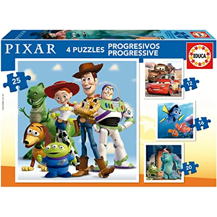 Educa 19681, Pixar Filme, 4in1 Puzzle mit 12/16/20/25 Teilen, Puzzleset für Kinder ab 3 Jahren, Toy Story, Cars, Findet Nemo, Monster AG