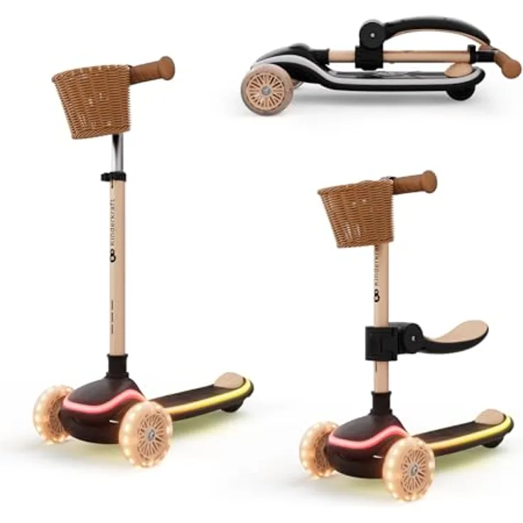 Kinderkraft RAKET UP 2-in-1 Scooter, mit Sitz, LED Trittbrett, RGB Rollen, klappbar, verstellbarer Lenker, für Kinder, Beige