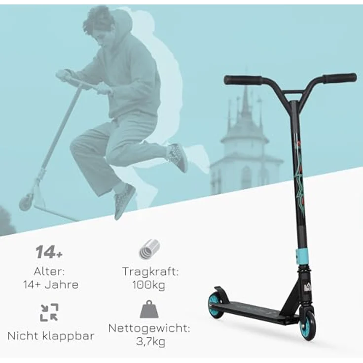 HOMCOM Stunt Scooter mit 360° Lenkung, ABEC 9 Kugellager, 100mm Kunstleder Räder, Tretroller aus Aluminium Stuntscooter bis 100kg belastbar, Kickscooter Trick Roller Funscooter für Kinder ab 14 Jahre, blau – Bild 3