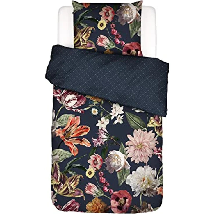 ESSENZA Bettwäsche Filou Blumen Pfingstrosen Tulpen Baumwollsatin Dunkelblau, 155x220 + 1 x 80x80 cm - Atmungsaktiv, glänzend, hautfreundlich – Bild 1