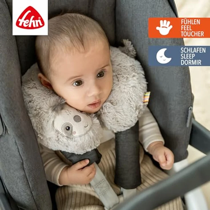 Fehn Nackenstütze Faultier, ergonomisches Baby Nackenkissen mit Tierapplikation, unterstützt Kopf und Nacken in Babyschale und Kinderwagen, waschbar bei 30°C, Größe 24 x 22 cm – Bild 2